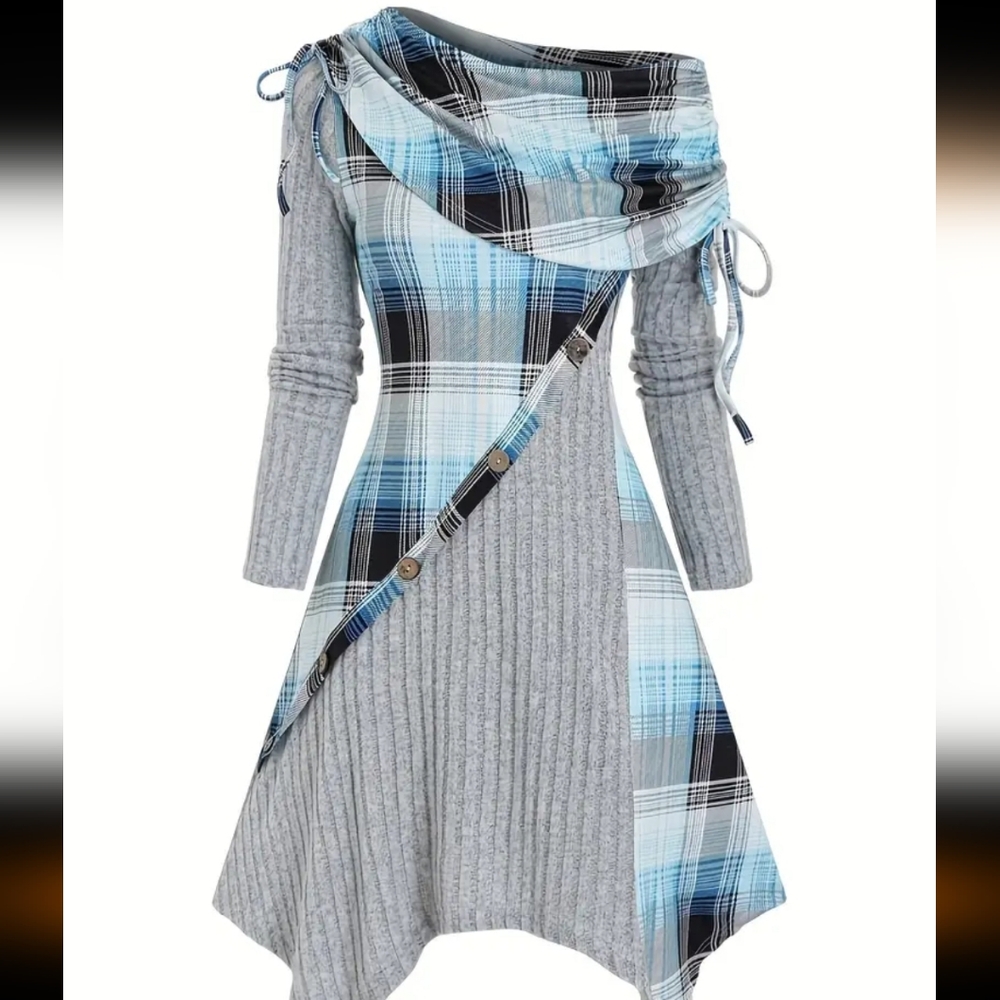 *NWOT* Stylish Gray and Blue Plaid Women's Asymmetrical Dress